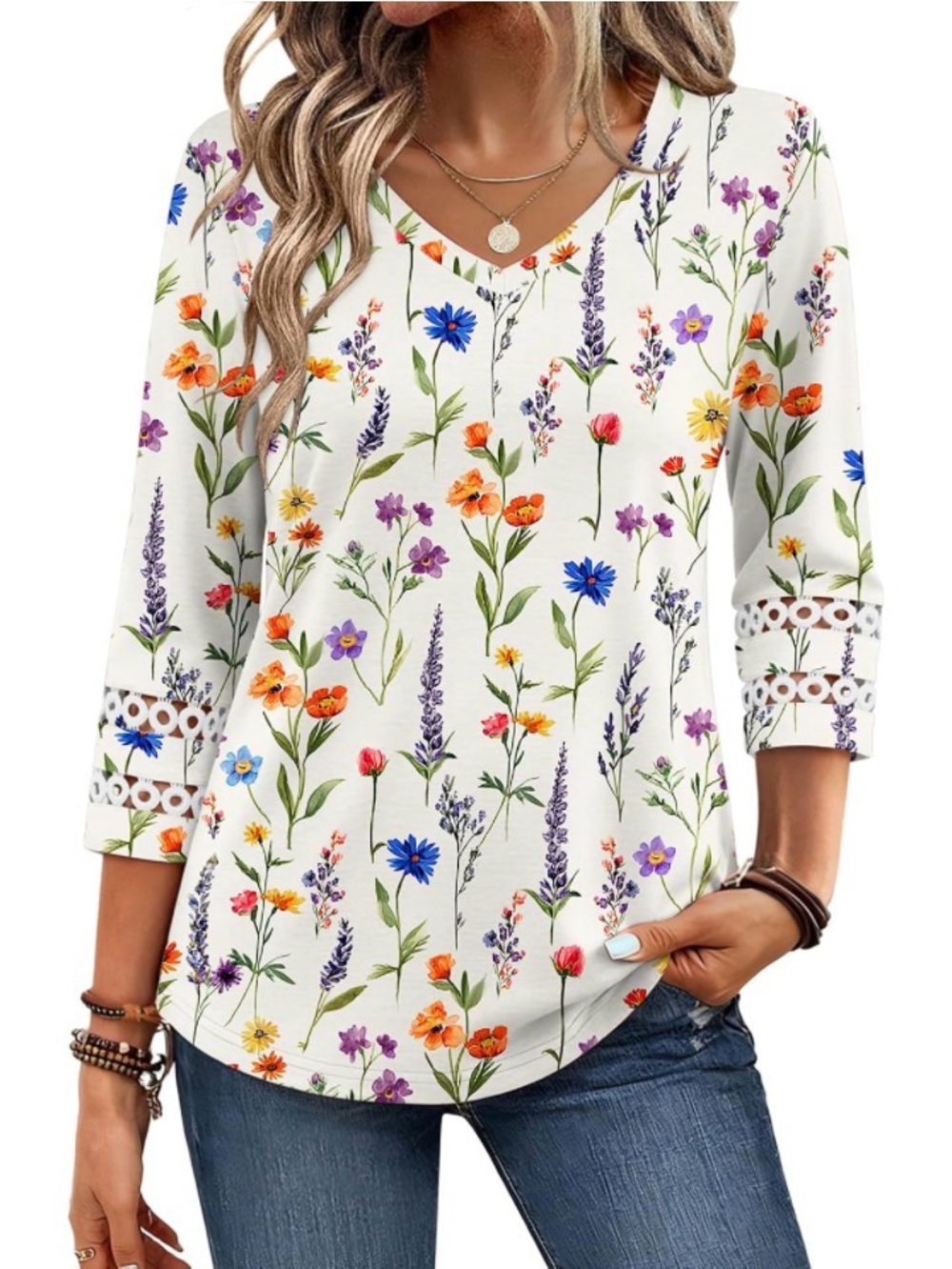 Zeagoo Amazon Size Medium White Floral 3/4 Length Sleeve Tunic Top-NWT